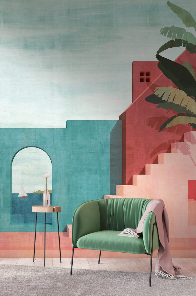 Tapeten Mediterrane Architektur Türkis Rosa Palmen Mural