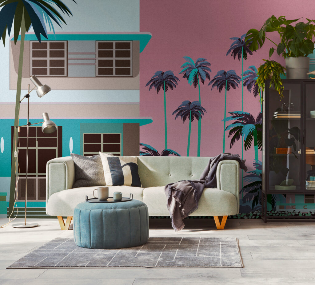 Tapeten Miami Vice Retro Palmen Art Deco Rosa Türkis