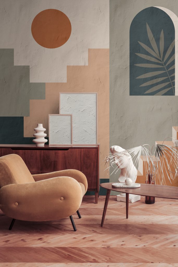 Tapeten Boho Geometrisch Sonne Palme Terrakotta Salbei Beige