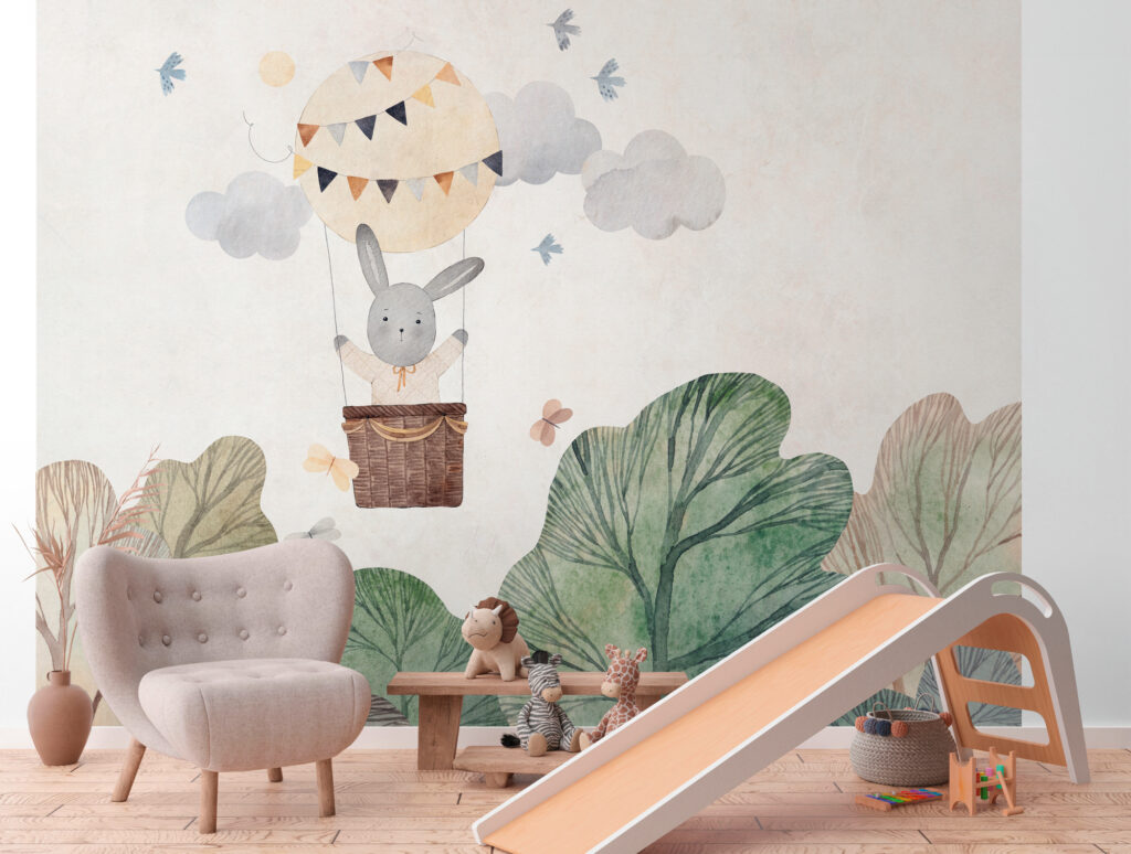 Tapeten Kinderzimmer Hase Heissluftballon Aquarell Natur