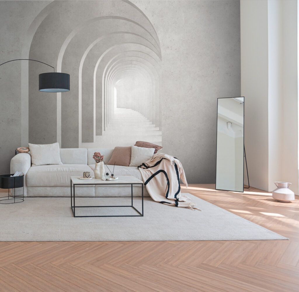 Tapeten 3D Architektur Tunnel Bögen Grau Beige Modern