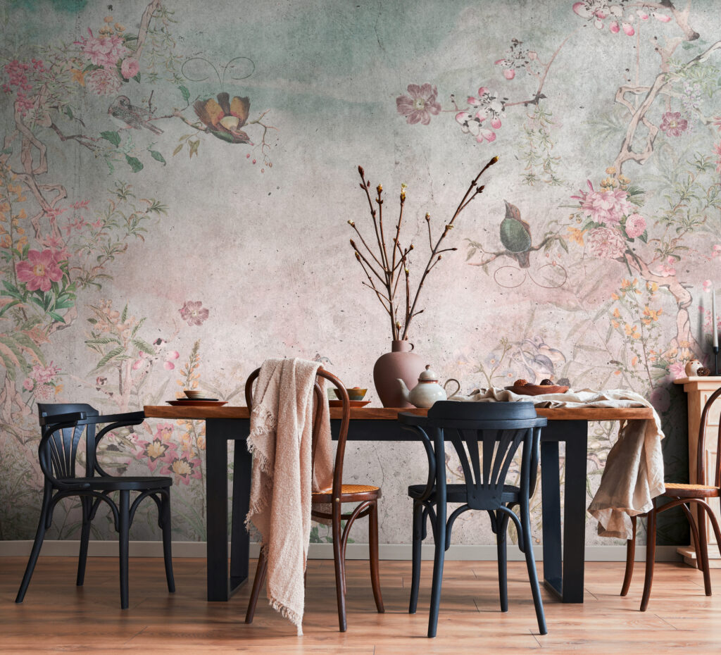 Tapeten Vintage Chinoiserie Blumen Vögel Rosa Wandbild