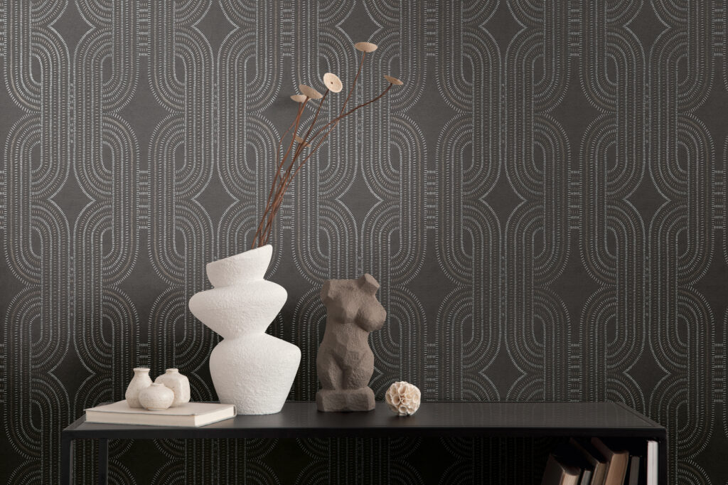 Tapeten Dunkel Geometrisch Ogee Muster Modern Schwarz Silber