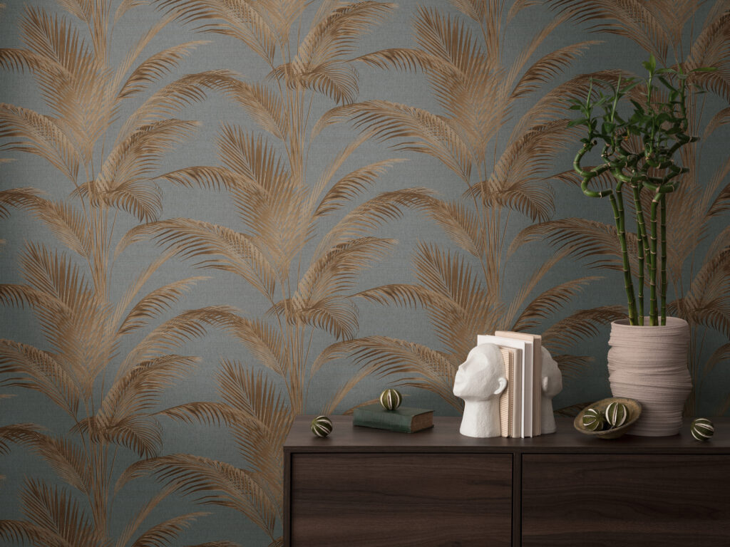 Tapeten Tropische Palmblätter Gold Grau Botanisch Luxus