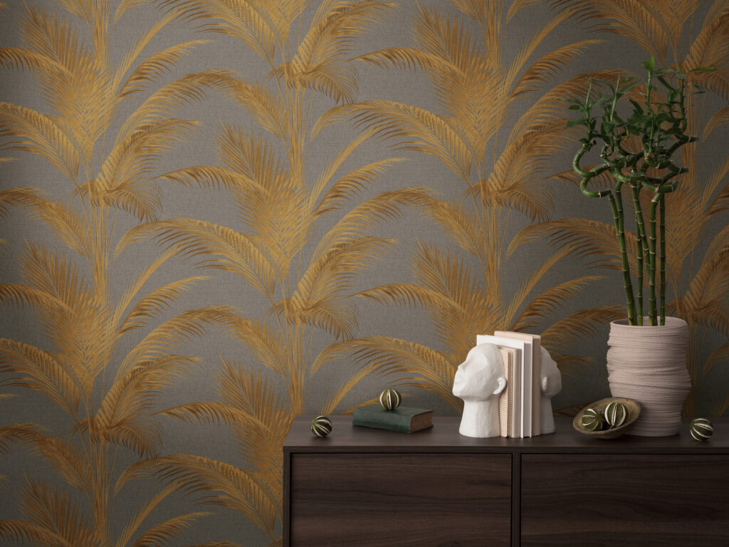 Tapeten Goldene Palmenblätter Grau Luxus Tropisch Wanddeko