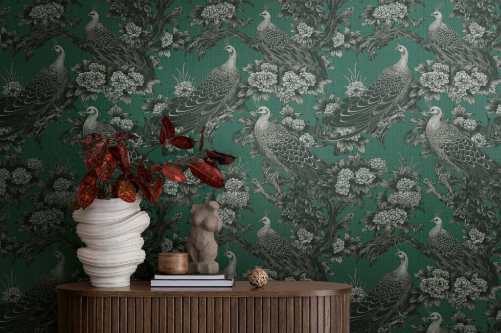Tapeten Pfauen Blumen Toile Grün Botanisch Vintage Muster