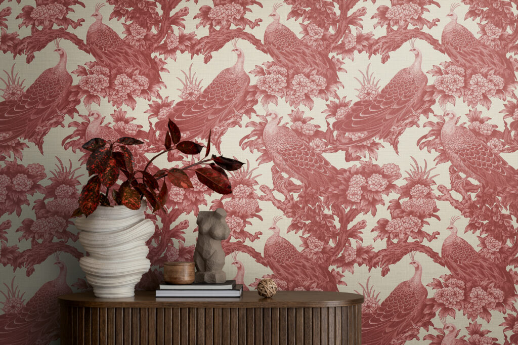 Tapeten Pfauen Blumen Muster Rot Creme Vintage Toile