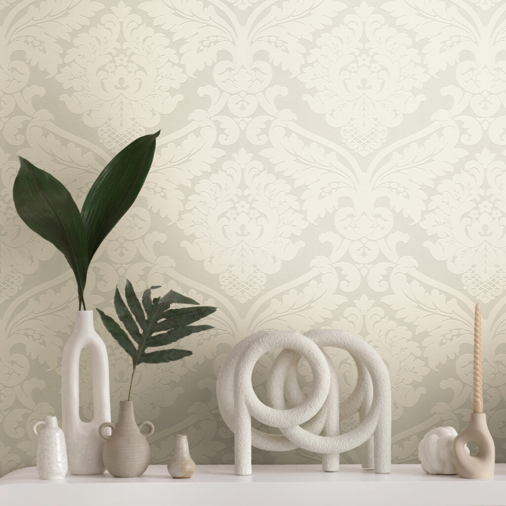 Tapeten Barockes Damast-Muster Creme Beige Elegant