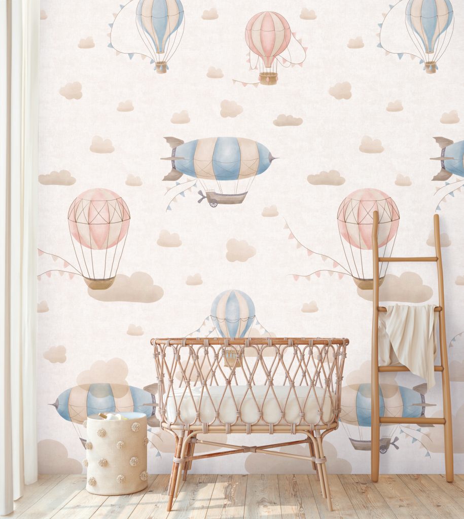 Tapeten Kinderzimmer Heissluftballon Rosa Blau Wolken Pastell