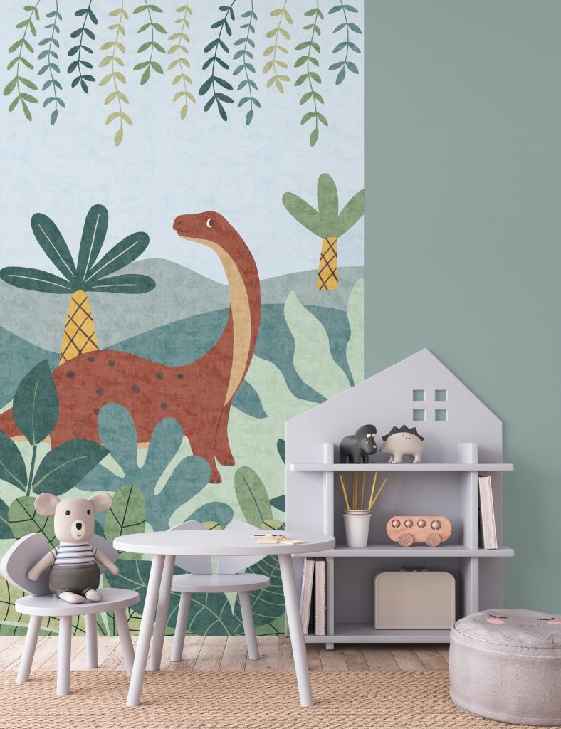 Tapeten Kinderzimmer Dinosaurier Dschungel Blätter Blau