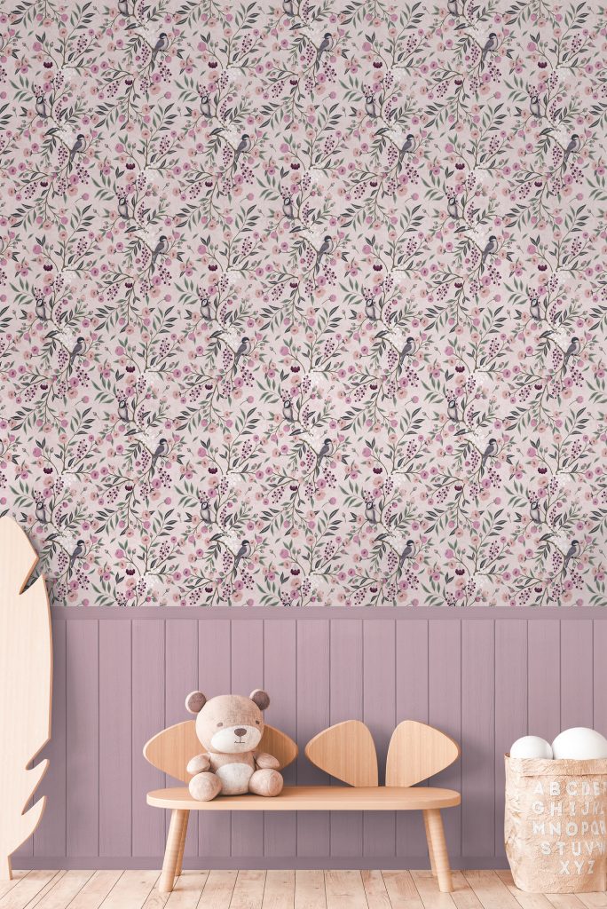 Tapeten Kinderzimmer Rosa Vögel Blumen Muster Kindertapete