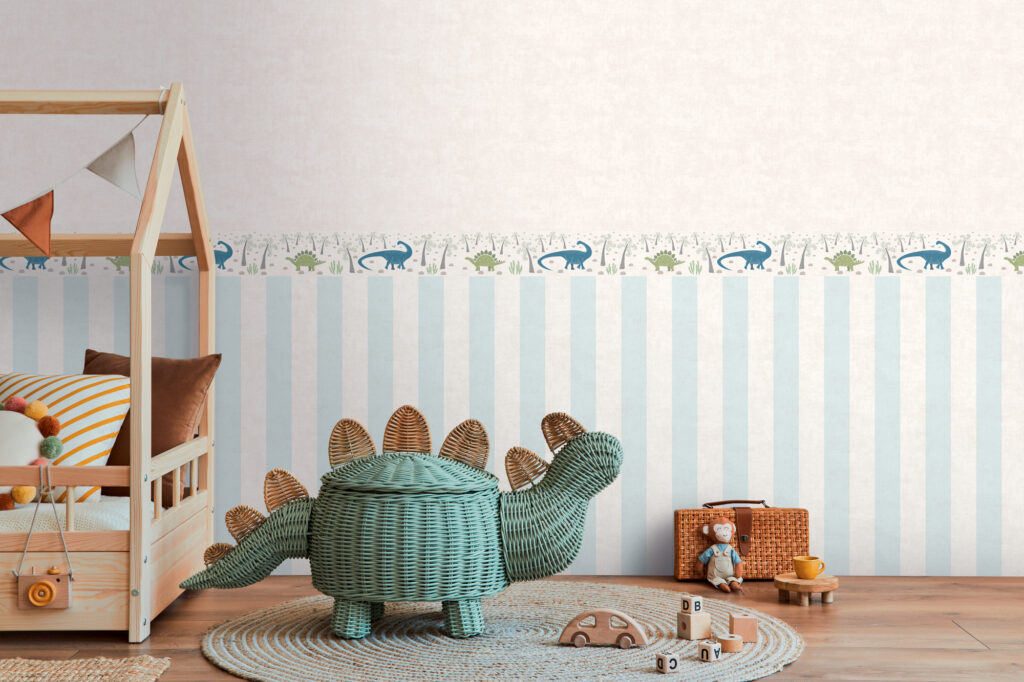 Tapeten Kinderzimmer Dinosaurier Streifen Hellblau Weiss