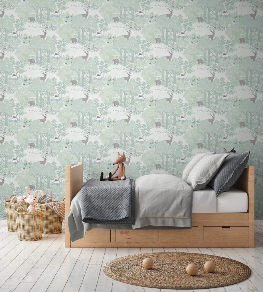 Tapeten Waldtiere Mint Grün Kinderzimmer Hirsch Bär Muster