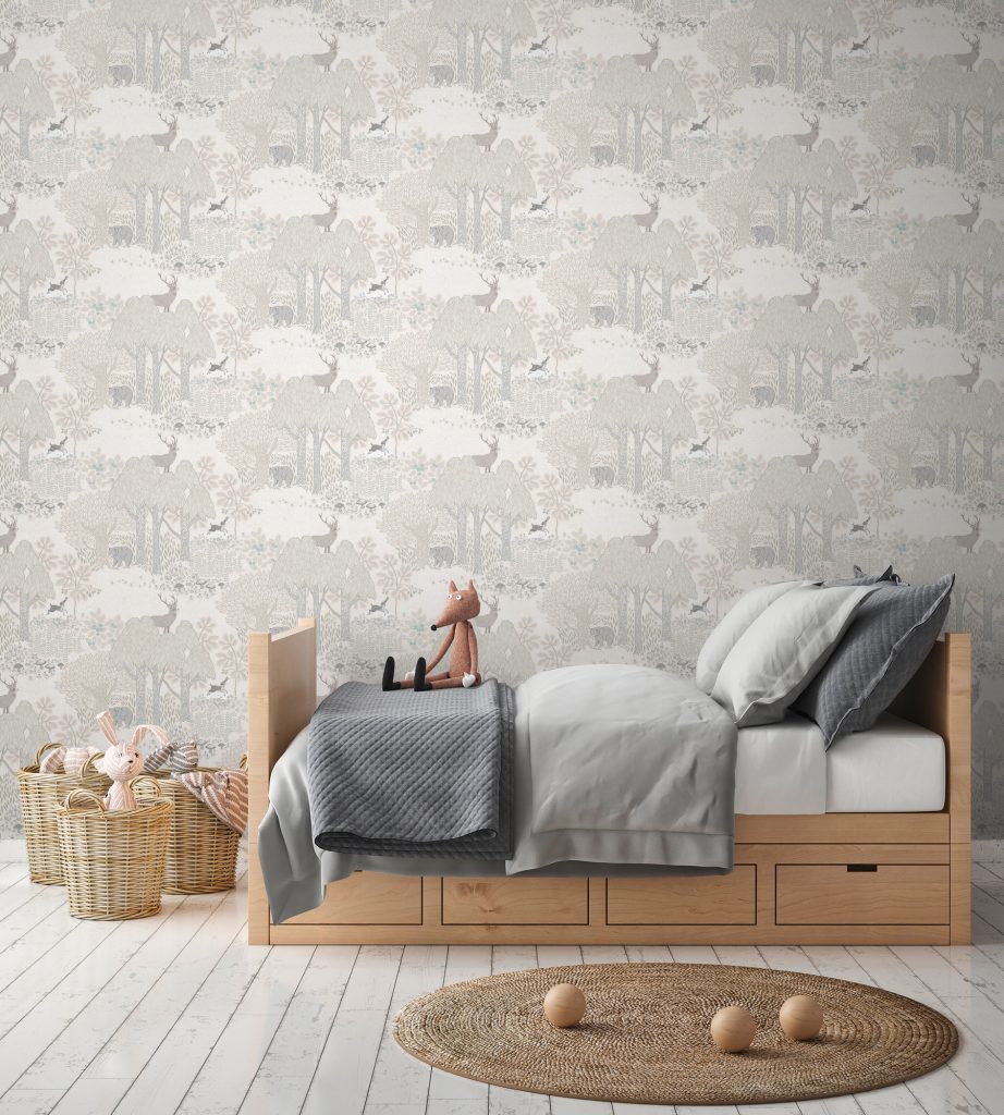 Tapeten Kinderzimmer Wald Tiere Hirsch Bär Beige Grau