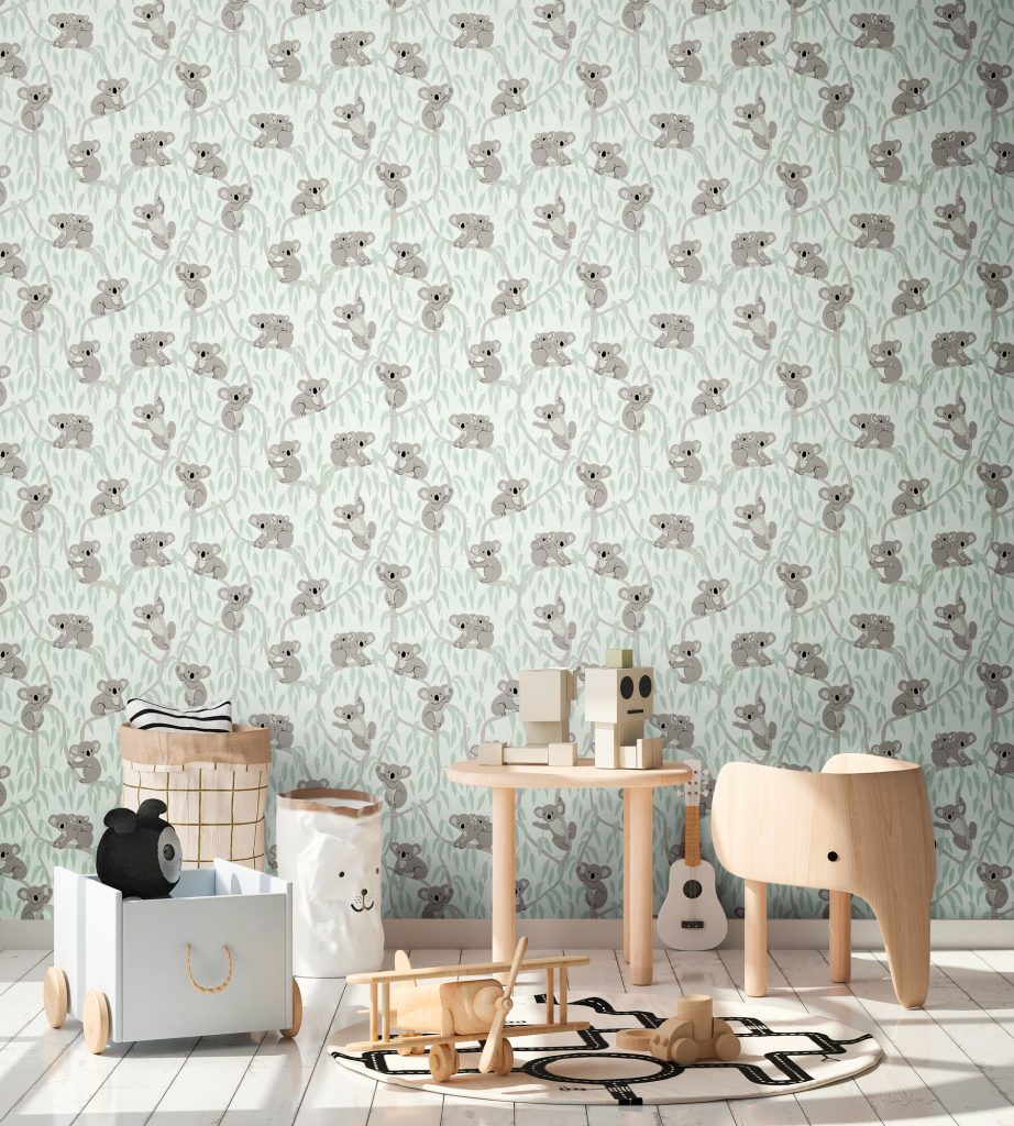 Tapeten Kinderzimmer Koala Mint Grau Eukalyptus Muster