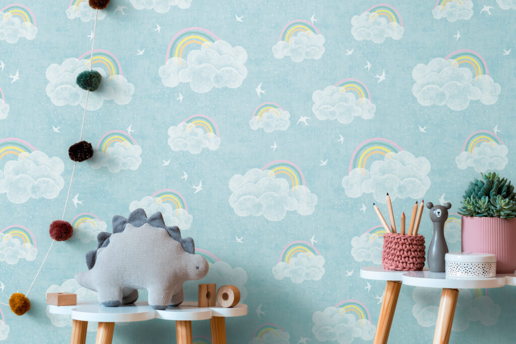 Tapeten Kinderzimmer Regenbogen Wolken Blau Pastell Muster
