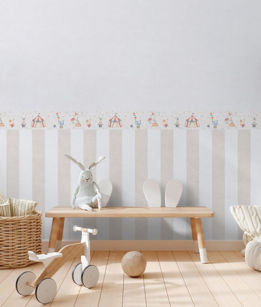 Tapeten Kinderzimmer Zirkus Bordüre Streifen Beige Blau
