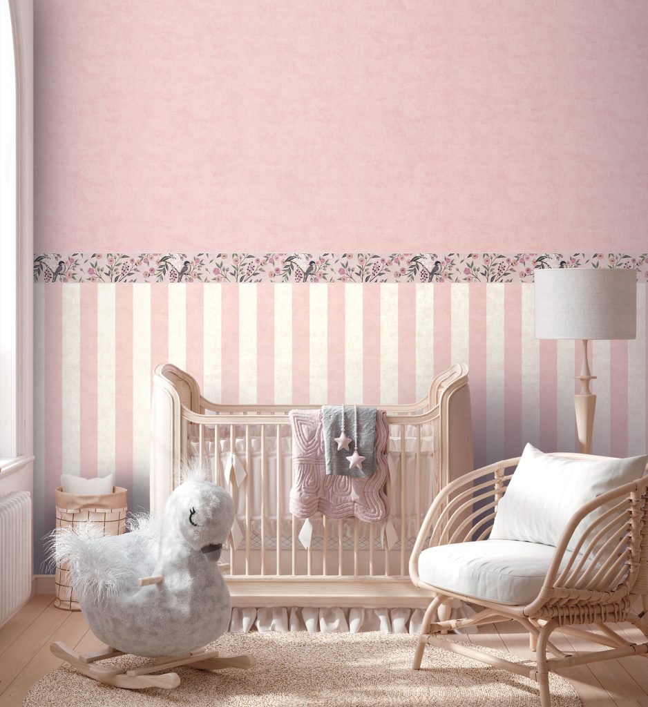 Tapeten Rosa Streifen Blumen Vögel Borte Kinderzimmer