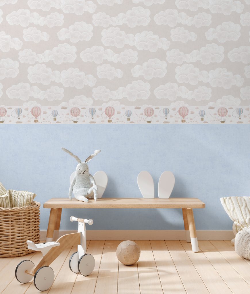 Tapeten Kinderzimmer Wolken Heissluftballon Blau Beige Pastell