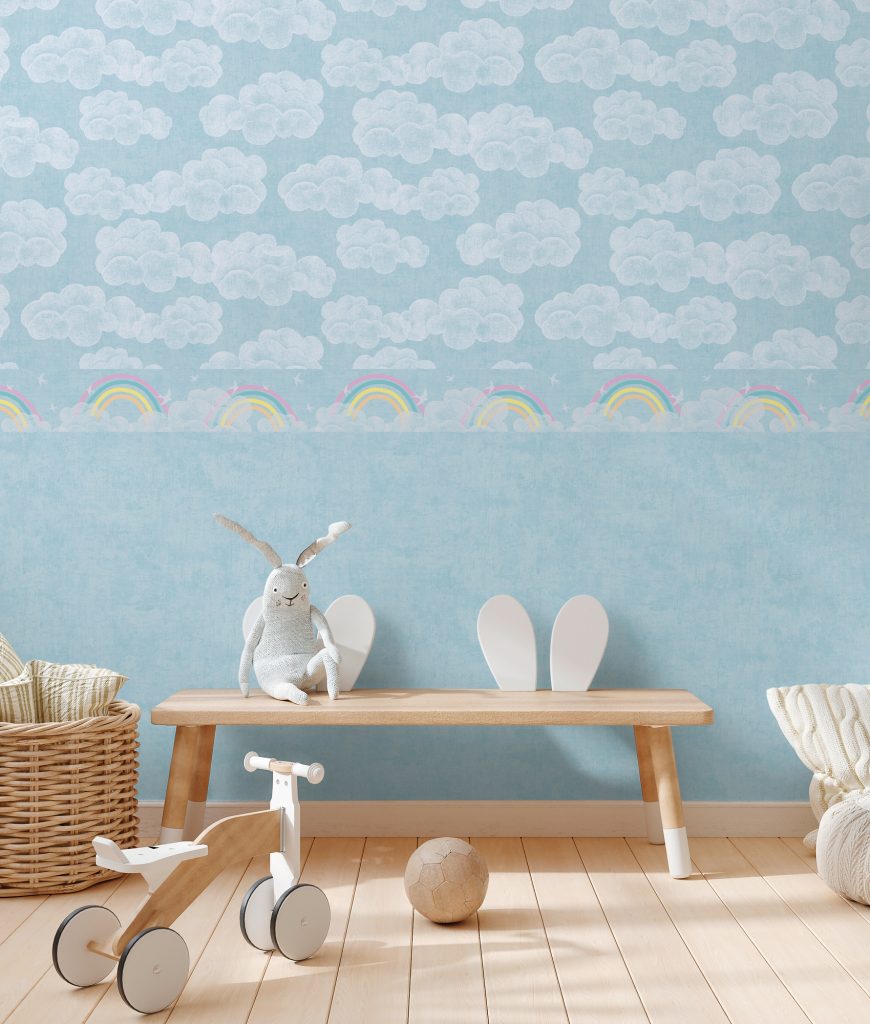 Tapeten Kinderzimmer Wolken Regenbogen Hellblau Pastell