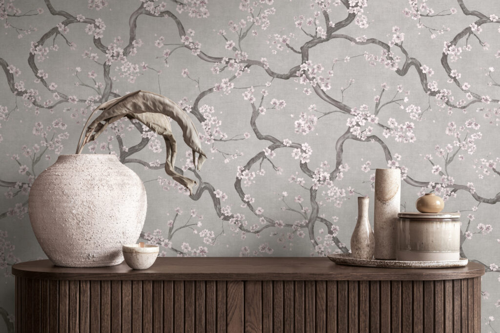 Tapeten Kirschblüten Grau Rosa Japanisch Floral Wandbild