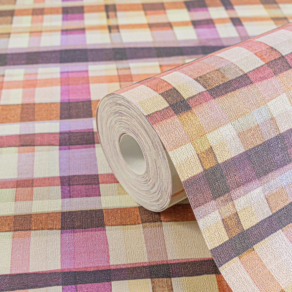 Tapeten Buntes Karo Muster Lila Orange Retro Textiloptik