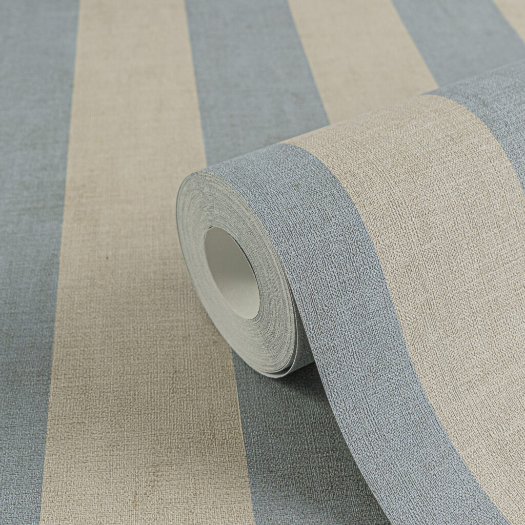 Tapeten Blockstreifen Blau Beige Leinen-Optik Modern