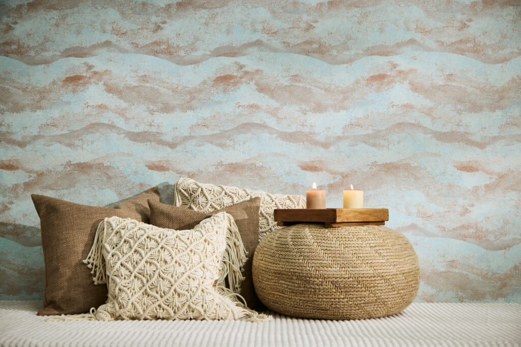 Tapeten Wellen Muster Hellblau Braun Vintage Boho Wohnzimmer