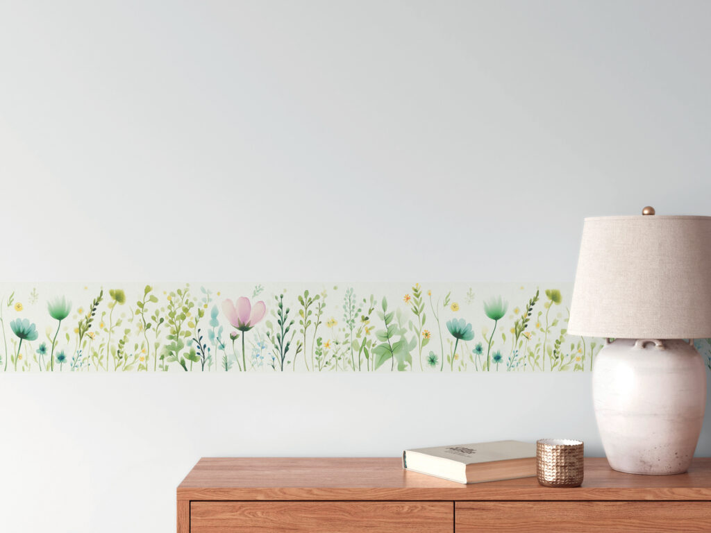 Tapeten Bordüre Wildblumen Aquarell Grün Pastell Frühling