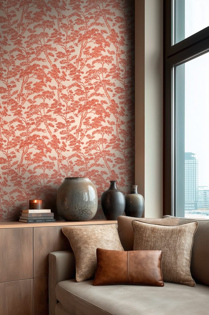 Tapeten Japanische Bäume Koralle Beige Botanisch Toile