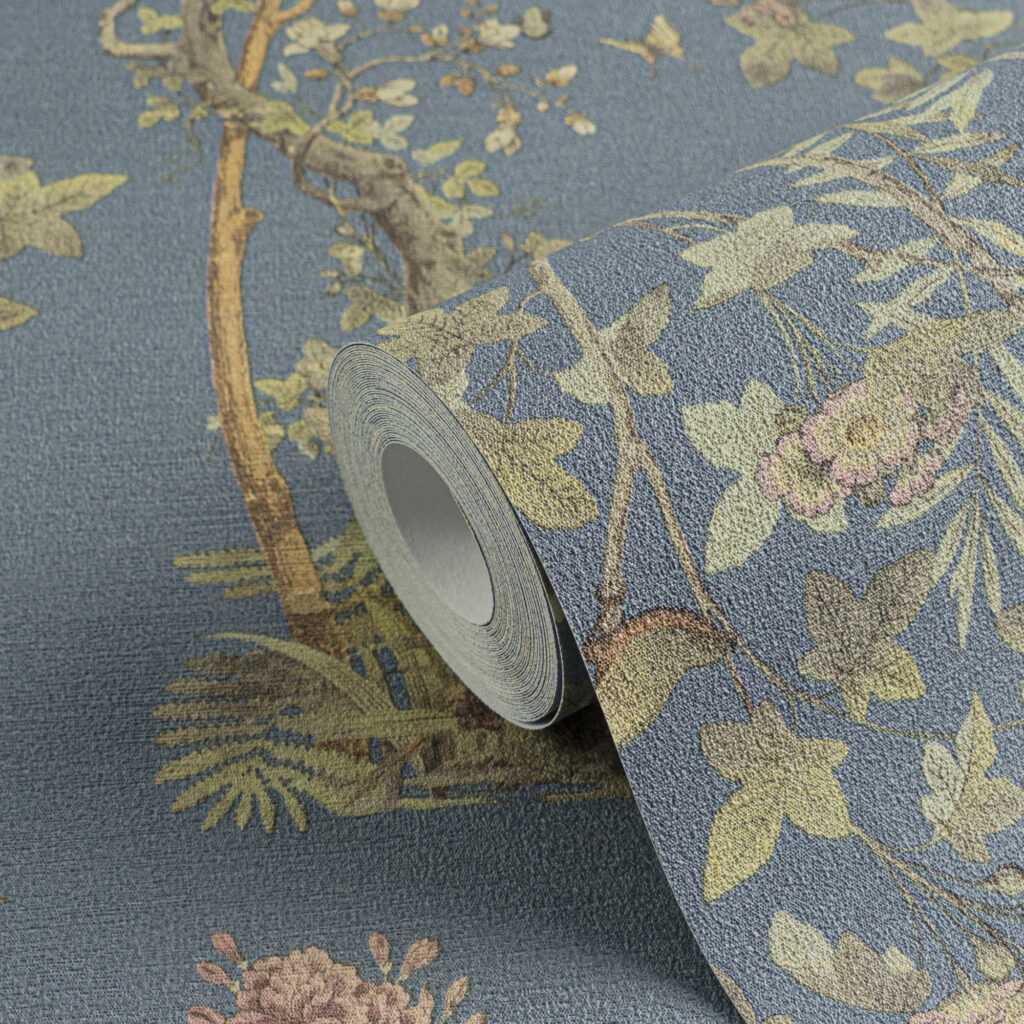 Tapeten Chinoiserie Blau Gold Blumen Baum Vintage Muster