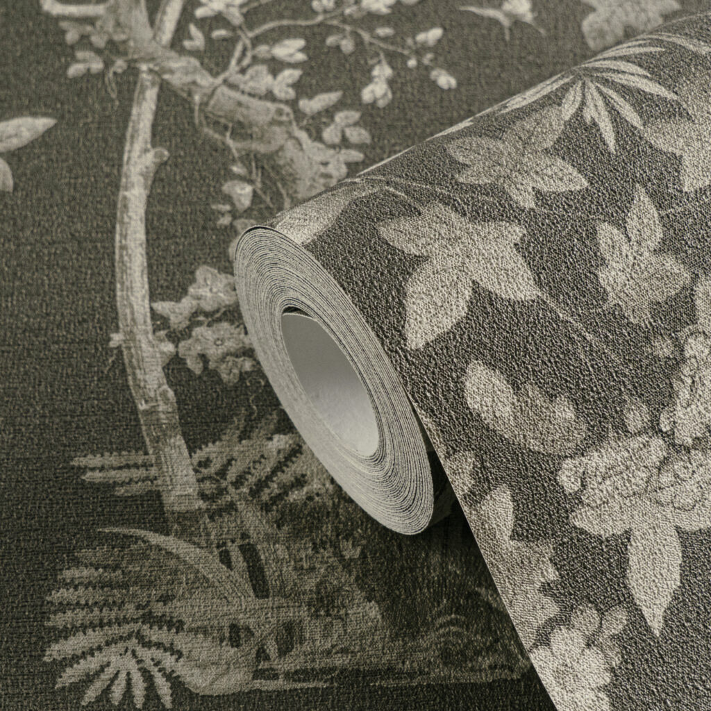 Tapeten Chinoiserie Blumen Vögel Dunkelgrün Grau Vintage
