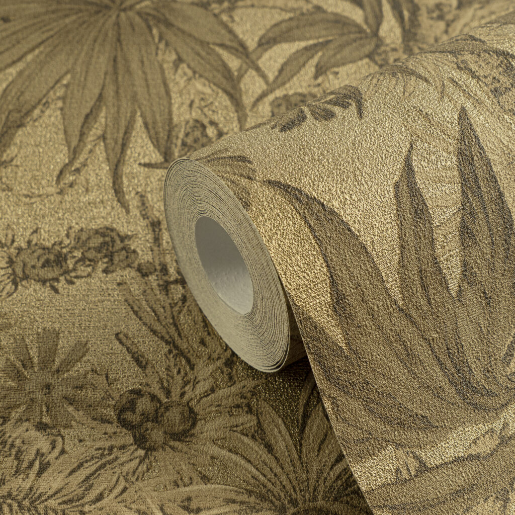 Tapeten Gold Dschungel Palmen Blätter Muster Metallic
