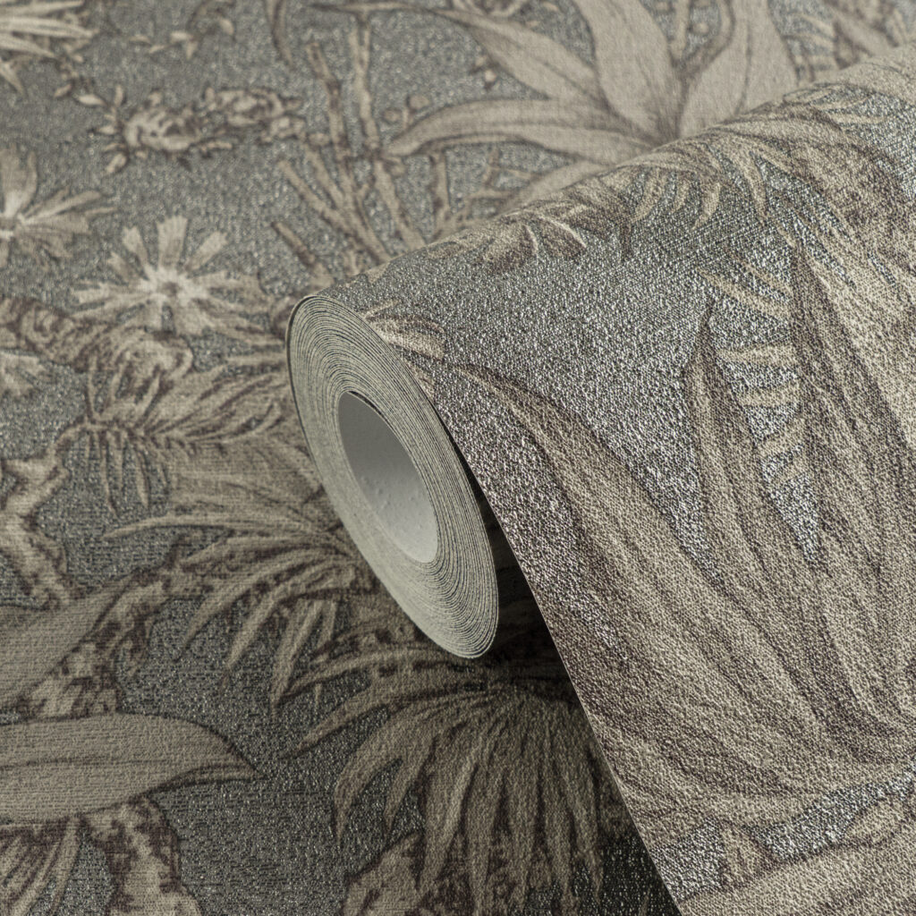 Tapeten Botanisch Vintage Grau Beige Blumen Blätter Muster