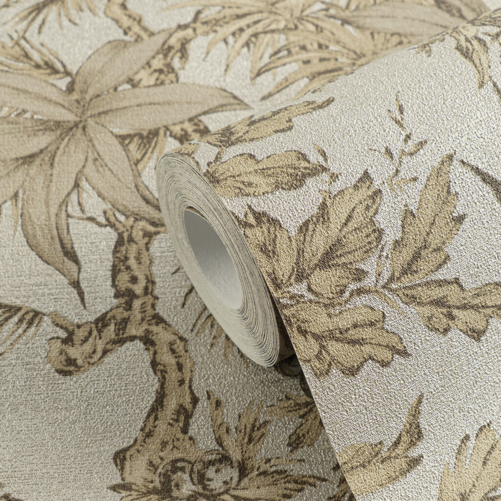 Tapeten Tropisch Beige Gold Palmen Blätter Muster Textil