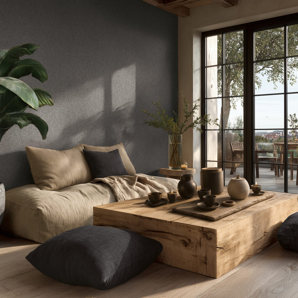 Tapeten Uni Textiloptik Dunkelgrau Modern Wohnzimmer