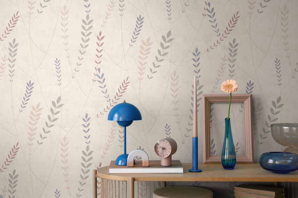 Tapeten Beige Blätterranken Muster Blau Rosa Grau Botanisch