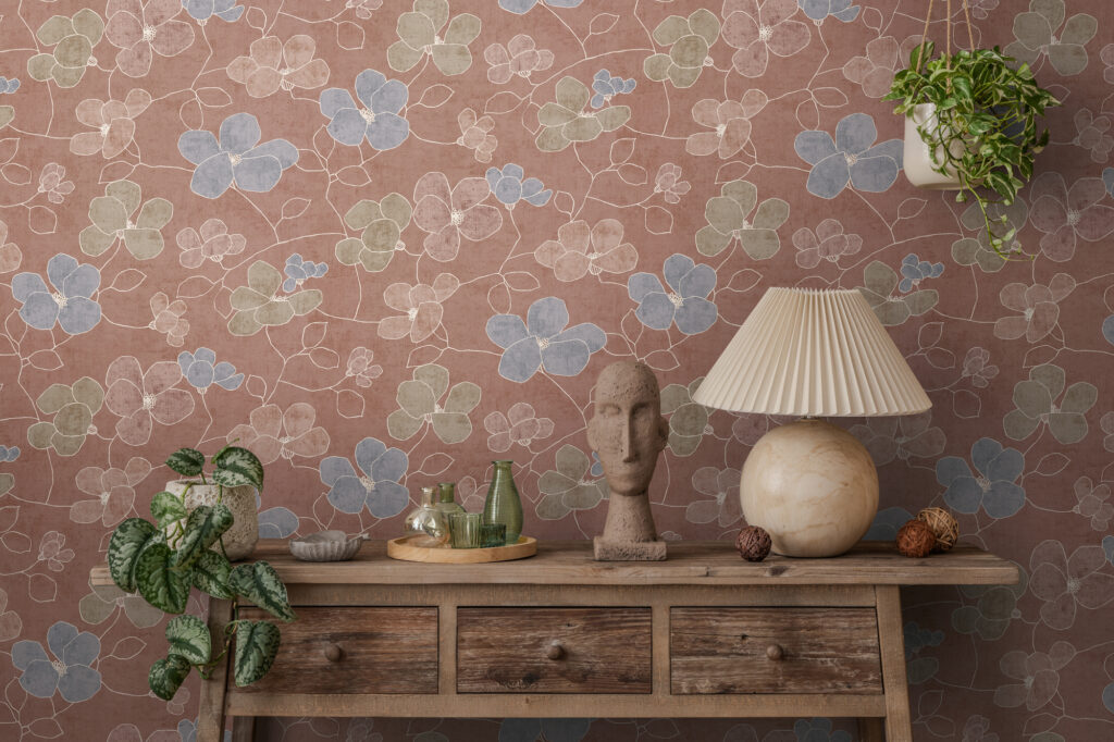 Tapeten Blumen Terrakotta Blau Grün Vintage Boho Muster