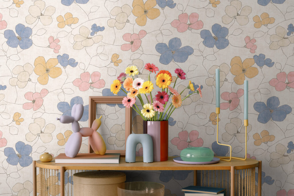 Tapeten Blumen Retro Pastell Bunt Grossformat Floral Hell