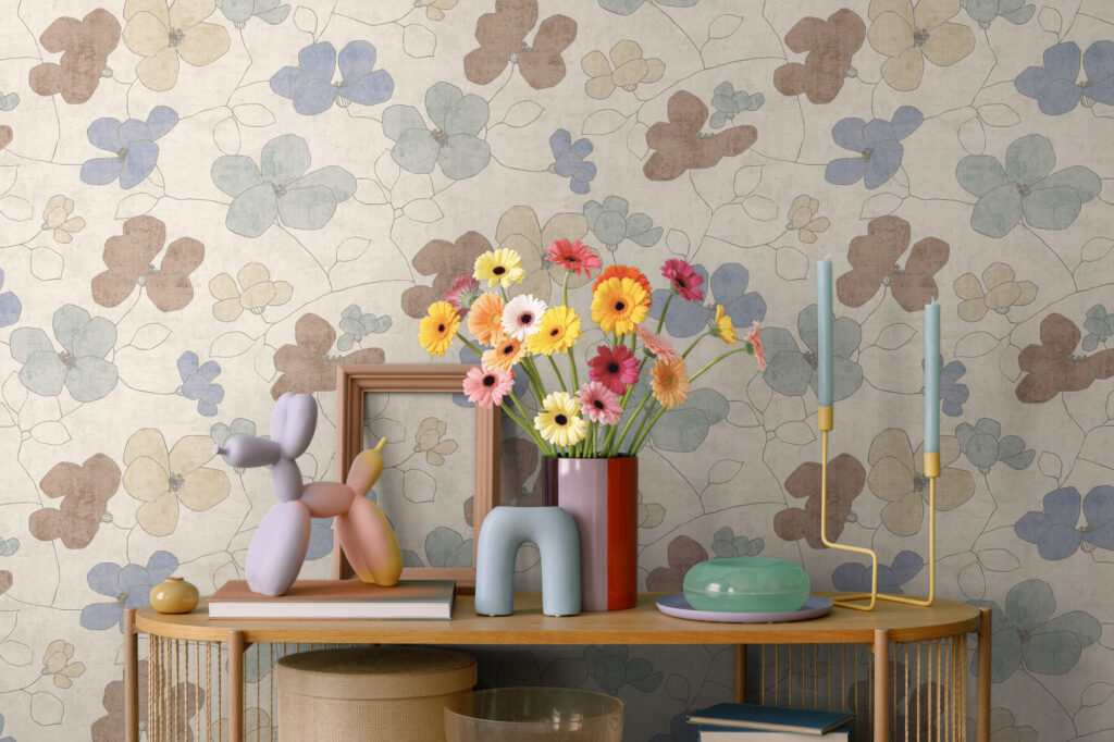 Tapeten Blumen Muster Pastellfarben Beige Blau Braun Retro