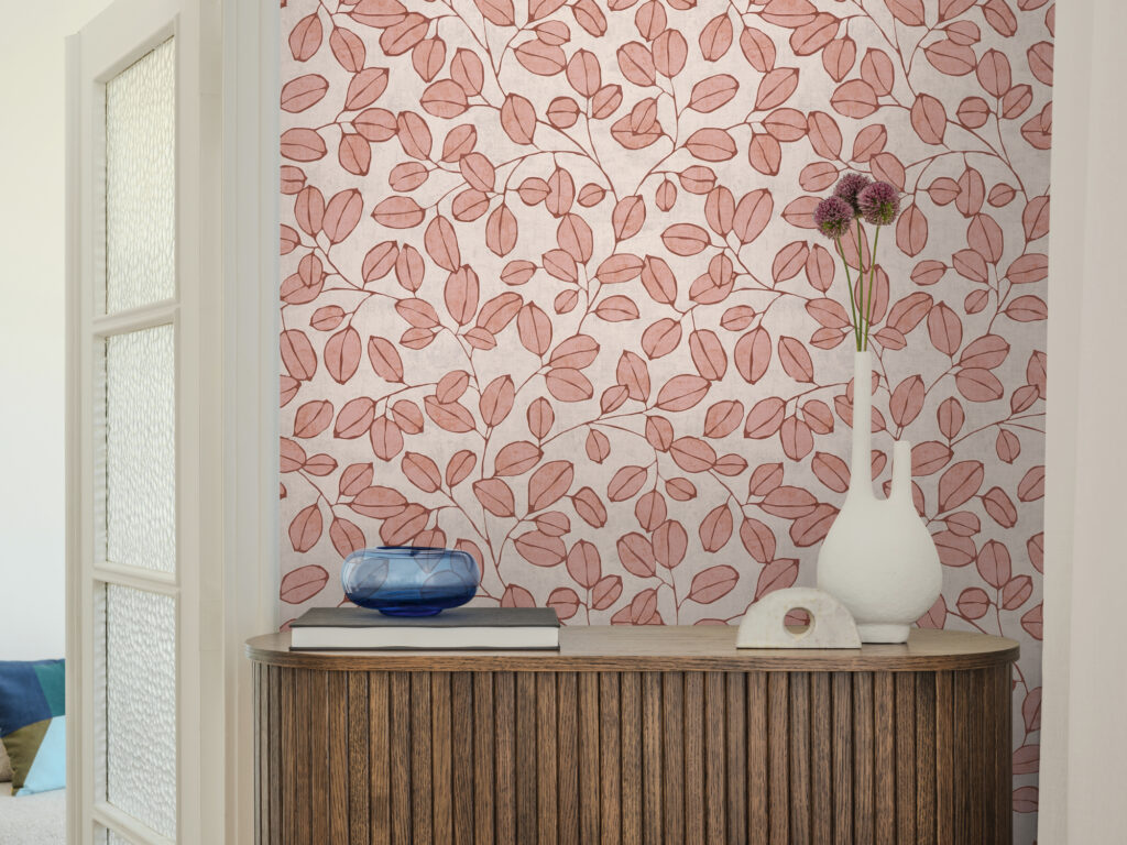 Tapeten Blättermuster Rosa Rot Botanisch Ranken Modern