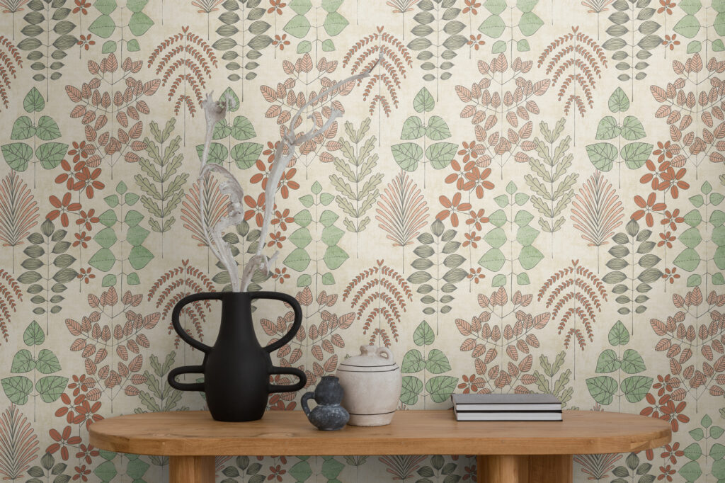 Tapeten Botanisches Muster Grün Terrakotta Blätter Beige