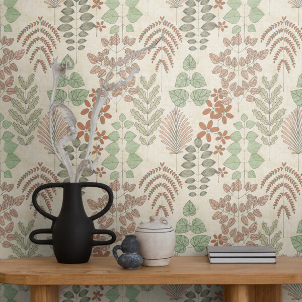 Tapeten Botanisches Muster Grün Terrakotta Blätter Beige