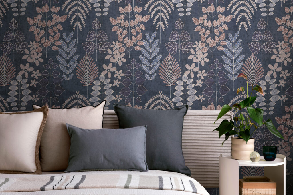Tapeten Dunkelblau Botanisch Blätter Muster Modern Schlafzimmer