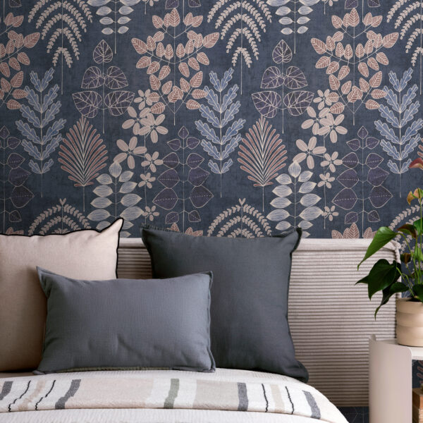 Tapeten Dunkelblau Botanisch Blätter Muster Modern Schlafzimmer