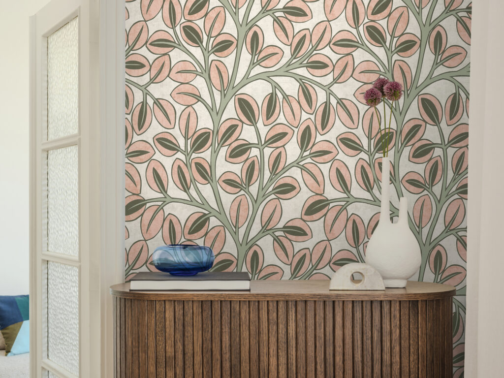 Tapeten Botanisch Blätter Rosa Grün Retro Muster