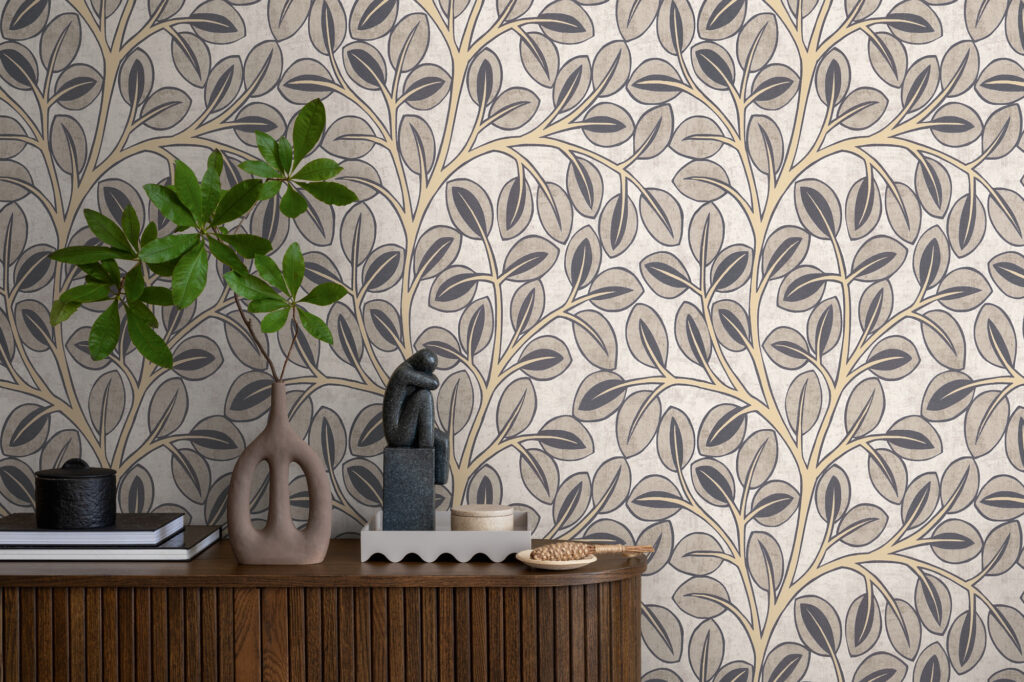 Tapeten Blätter Muster Beige Grau Gold Botanisch Modern