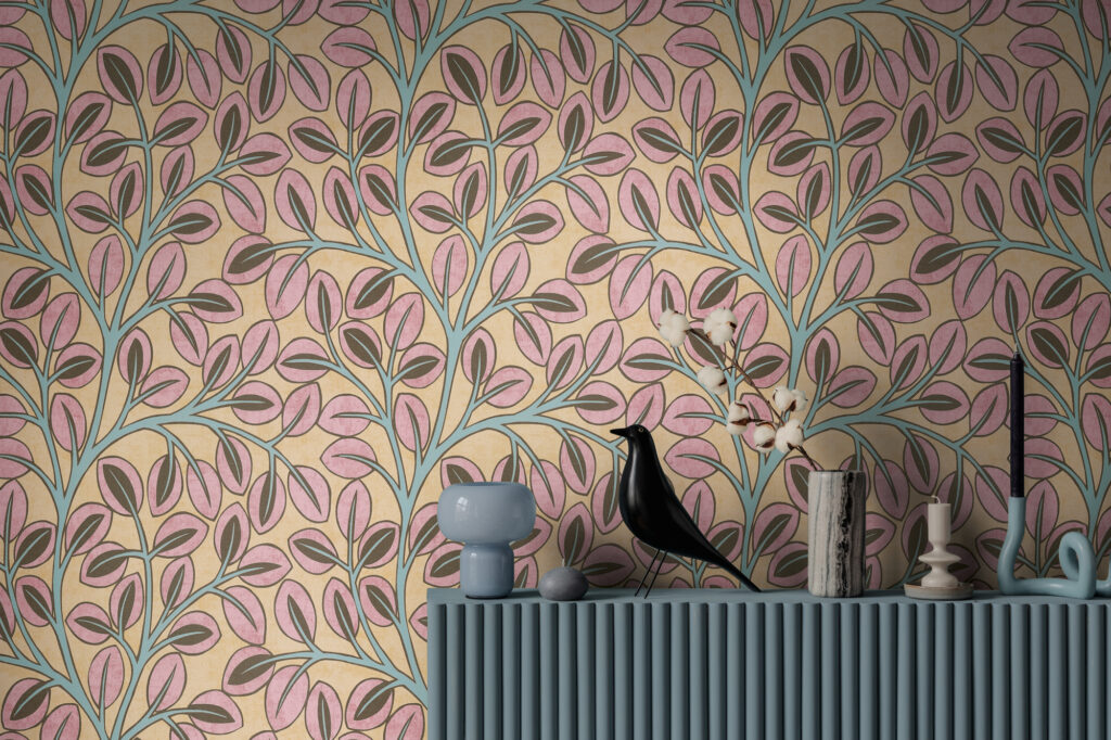 Tapeten Blätter Muster Rosa Gelb Retro Botanical Wanddeko