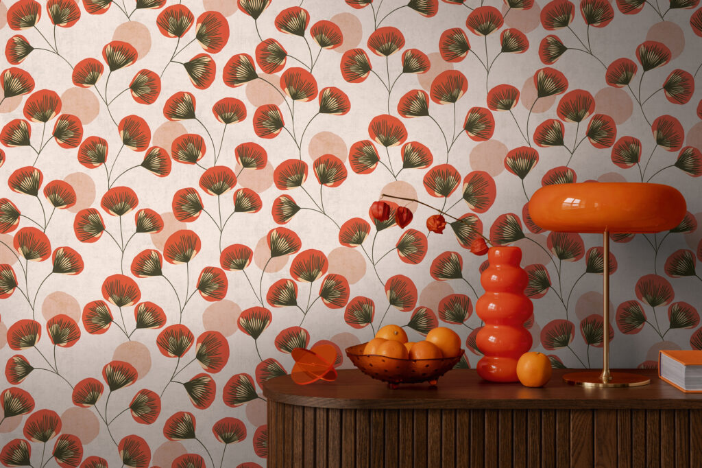 Tapeten Retro Blumen Muster Orange Grün Botanisch Wohnzimmer