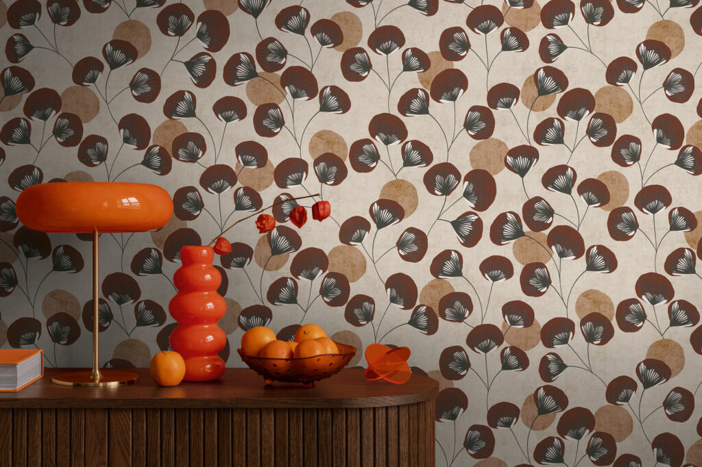 Tapeten Retro Blumen Braun Beige Botanisch Muster Wohnzimmer